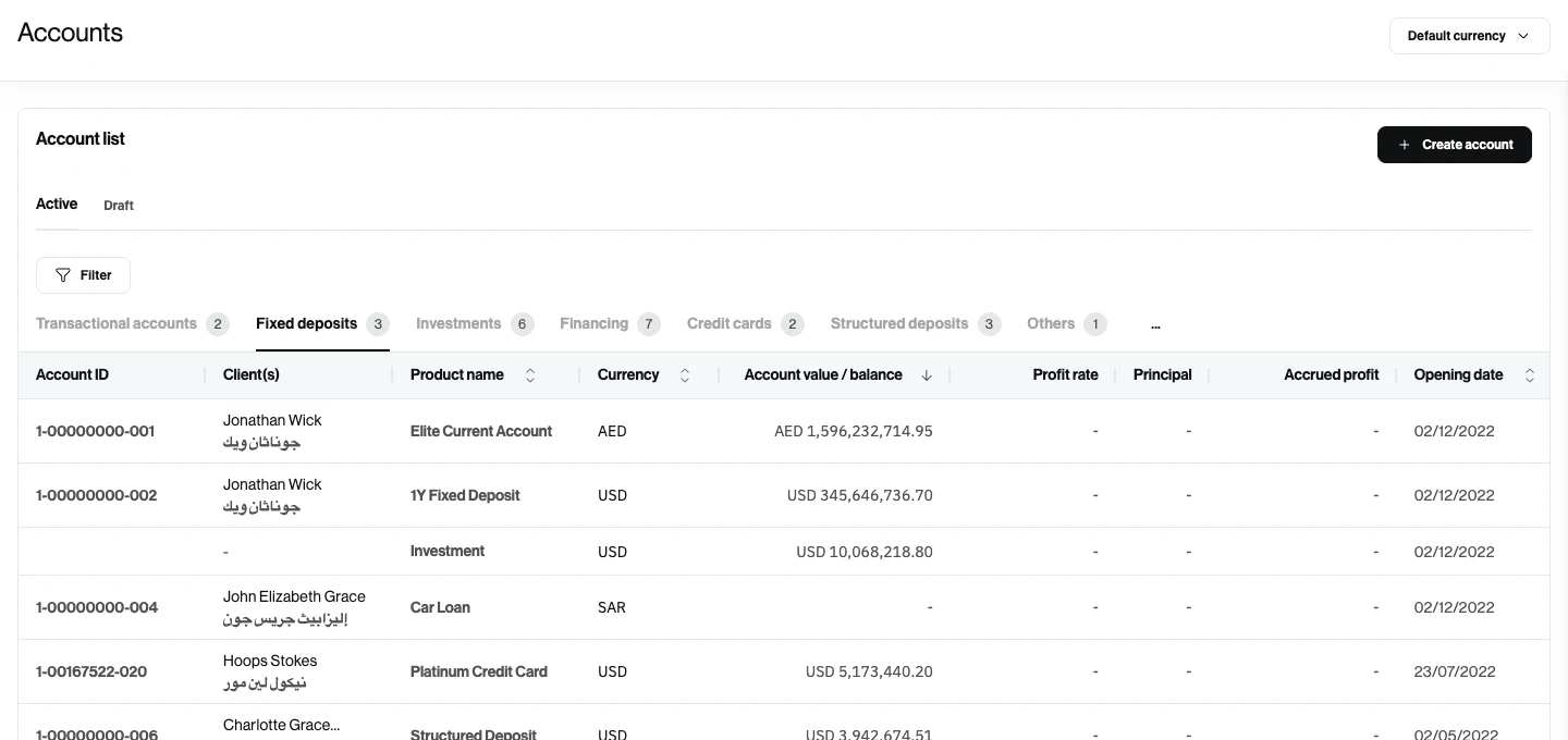 Alpheya Advisor Desktop account list with account categories, filters and balances