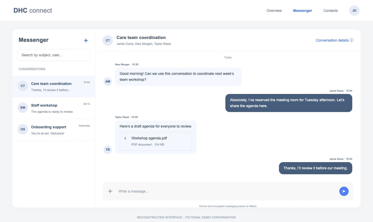 Reconstructed DHC Connect messenger with a conversation list, team messages and an attachment