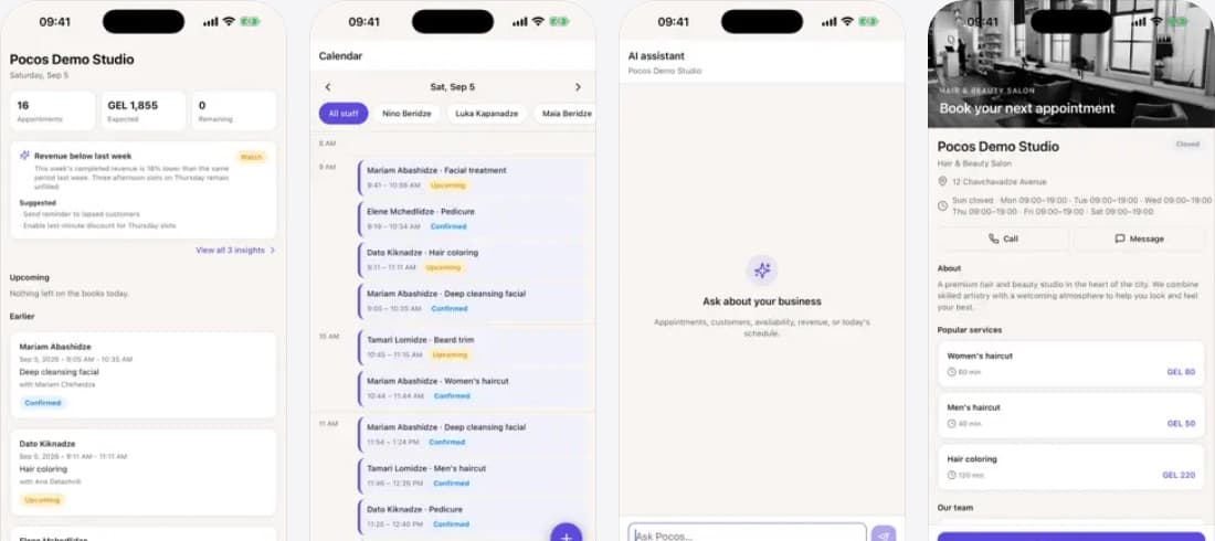 Four screens of the Pocos iOS app: dashboard, calendar, AI assistant and a salon page